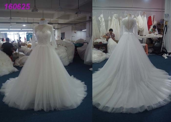 Women Long Sleeve Lace Wedding Dress , Organza Tulle Wedding Dressing Gowns