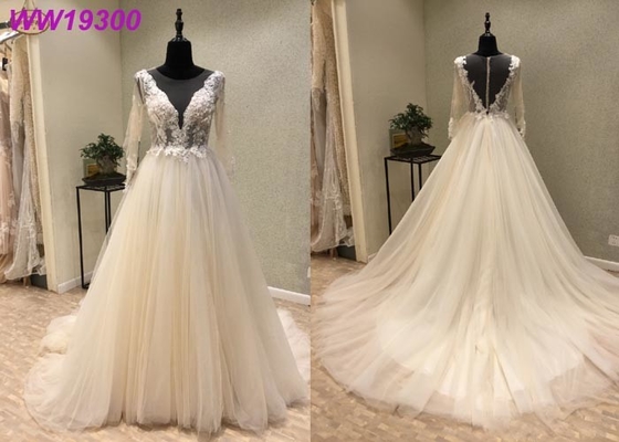 Ivory Long Sleeve Bridal Ball Gowns For Woman Boned And Hidden Bust Support