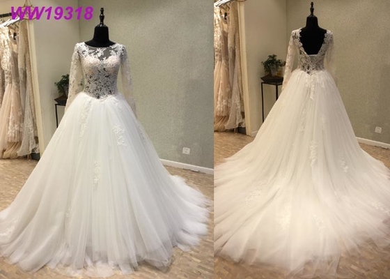 Round Neck A Line Bridal Ball Gowns With Long Lace Sweep Train Tulle Lace Beaded