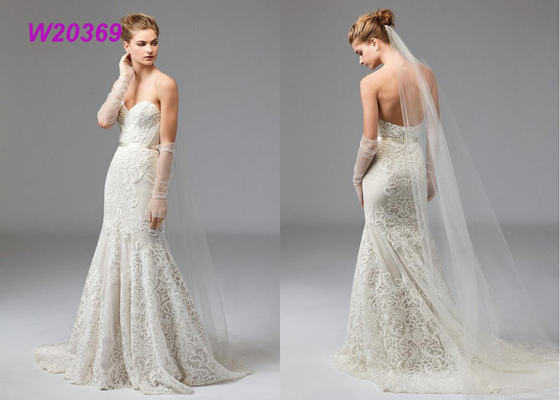 Appliques Elegant Vintage Lace Mermaid Style Wedding Dress Strapless Ruched
