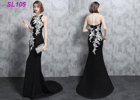 Mermaid Elegant Ladies Evening Dresses Black With Ivory Lace Slim Design