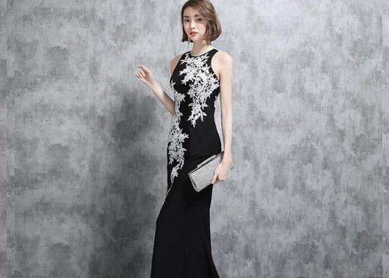 Mermaid Elegant Ladies Evening Dresses Black With Ivory Lace Slim Design