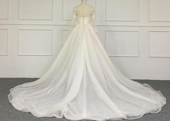 Crystal A Line Ball Gown Wedding Dress / Tulle Long Sleeve Ball Gown Wedding Dress