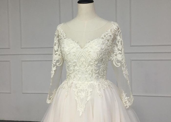 Crystal A Line Ball Gown Wedding Dress / Tulle Long Sleeve Ball Gown Wedding Dress