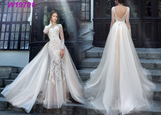 Pretty Applique Lace A Line Ball Gown Wedding Dress With Long Detached Train