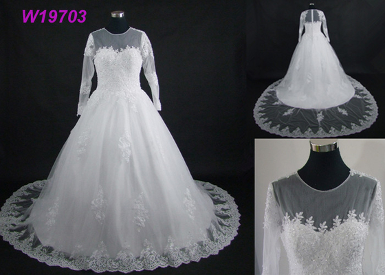 Real Pictures Beautiful A Line Ball Gown Wedding Dress With Long Sleeves And Train