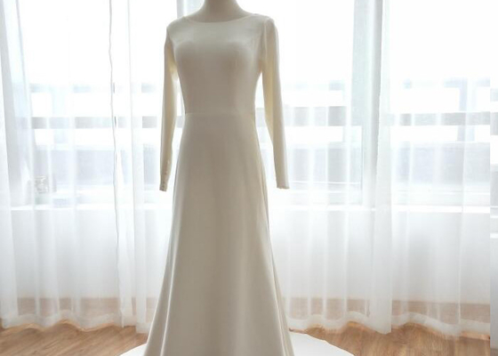 One Meter Train A Line Bridal Dress / Mikado Fabric Ivory Lace A Line Wedding Dress