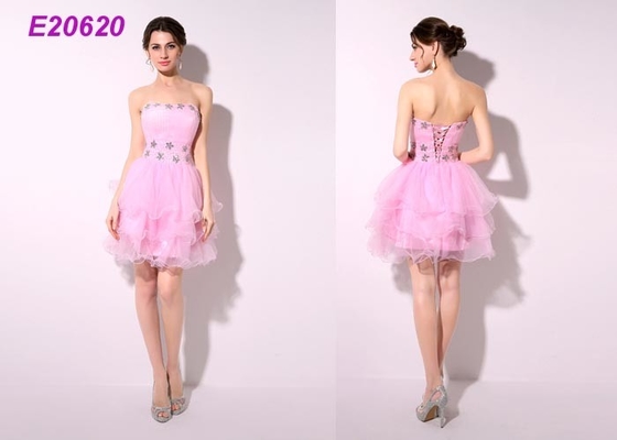 Pink Straples Embroidery Ladies Cocktail Dresses For Ball Gown Open Back Design