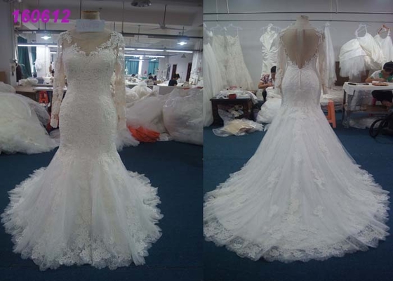 Nude Tulle Beaded Mermaid Style Wedding Dress With Long Sleeves Customized Size