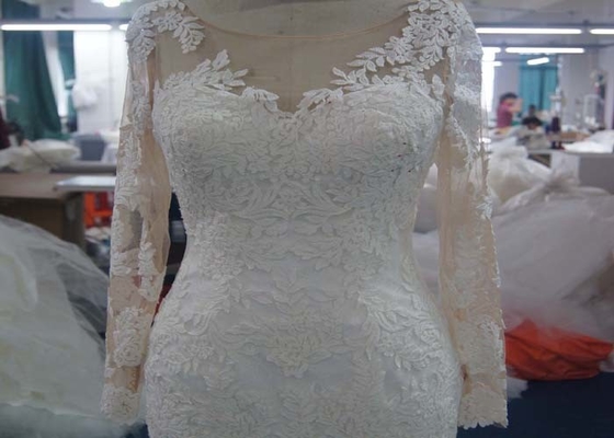 Nude Tulle Beaded Mermaid Style Wedding Dress With Long Sleeves Customized Size