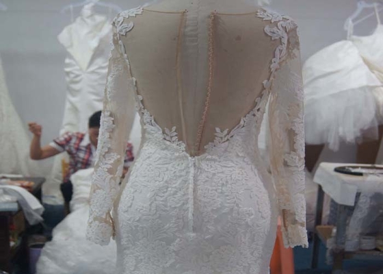 Nude Tulle Beaded Mermaid Style Wedding Dress With Long Sleeves Customized Size