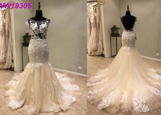 Custom Made Champange Mermaid Style Wedding Dress With Boat Neckline Tulle