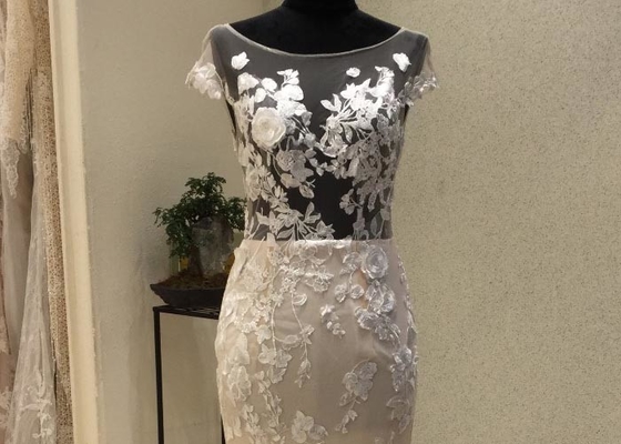 Custom Made Champange Mermaid Style Wedding Dress With Boat Neckline Tulle
