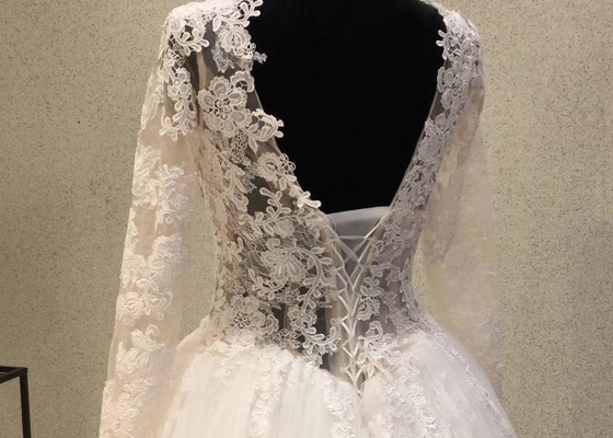 Round Neck A Line Bridal Ball Gowns With Long Lace Sweep Train Tulle Lace Beaded
