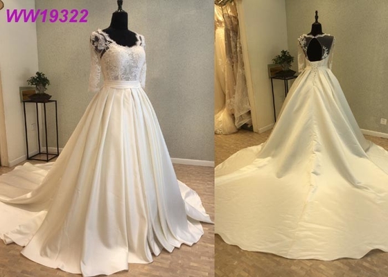 Elegant Lace Voile Bridal Ball Gowns With Long Sleeves Satin Zipper Back Design