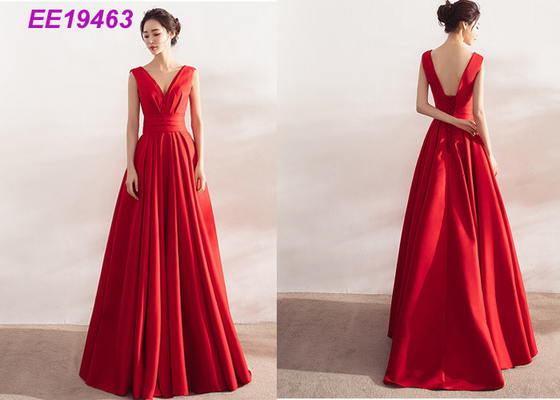Ladies Formal Long Red Prom Dresses , Satin Backless Evening Gowns Sleeveless