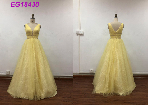 Bling Yellow Sleeveless Prom Ball Gowns For Ladies Beading Pattern Customized Size