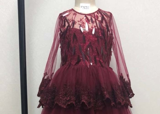 Blossom Inspired Wine Red Childrens Flower Girl Dresses With Long SleeveS Beaded