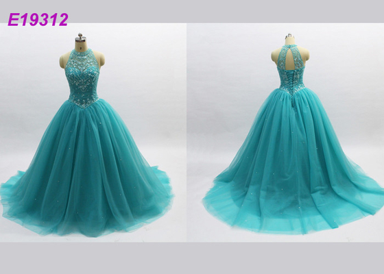 Classical Noble Blue Prom Dresses , Long Tulle Attractive Backless Evening Gowns