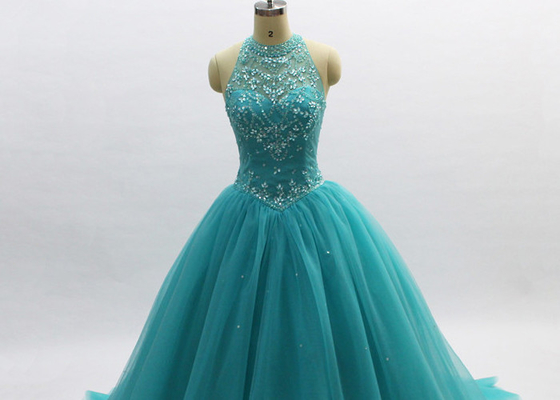 Classical Noble Blue Prom Dresses , Long Tulle Attractive Backless Evening Gowns