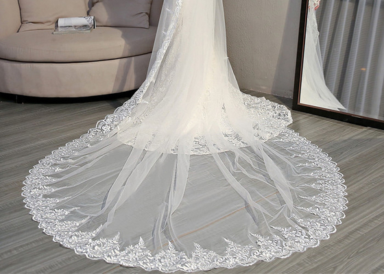 Gorgeous Lace Wedding Veil With Wide French , Embroidered Mesh Long Bridal Veils