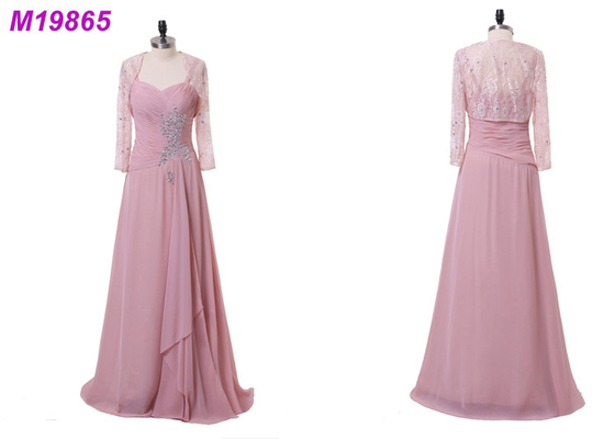 Long Pink A Line Mother Of The Bride Formal Gowns With Jacket And Long Sleeves