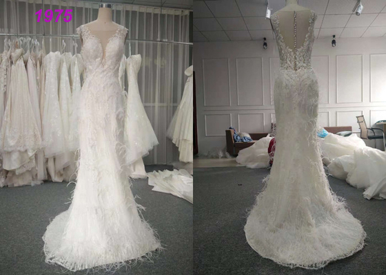 Custom Made Luxury Real Beautiful Bridal Gowns Dresses 100% Feather Pearls Beading A Line