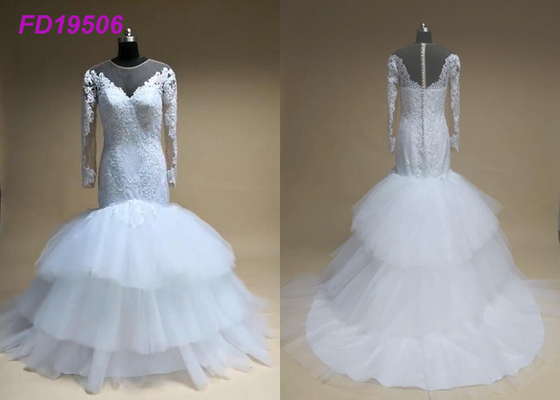 Long Sleeves Beading Ruffle Skirt Mermaid Style Wedding Dress In White Pure Colour