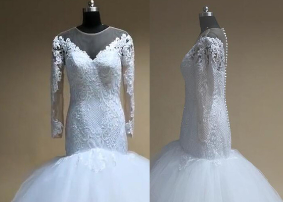 Long Sleeves Beading Ruffle Skirt Mermaid Style Wedding Dress In White Pure Colour