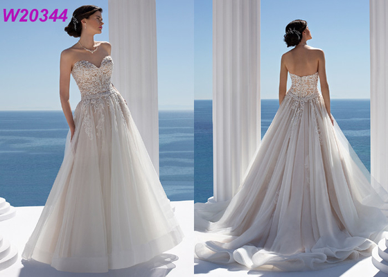 Beaded Lace and Tulle Strapless Sweetheart Chapel Length Bridal Ball Gowns
