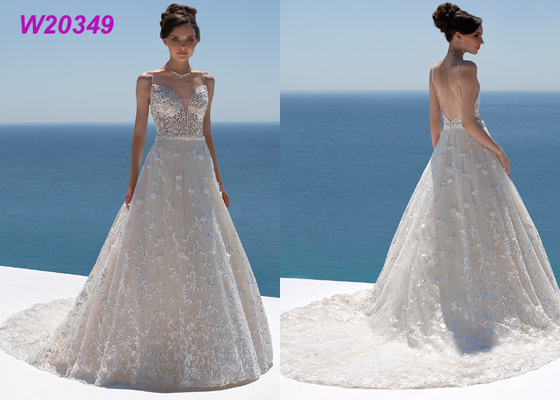 Sweetheart Neckline Spaghetti Straps Floral Lace and Tulle Bridal Ball Gowns