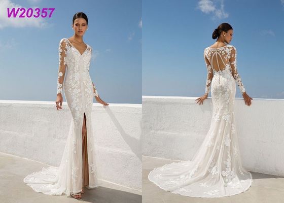 Beach Lace A Line Wedding Dress Appliques Long Sleeves Slit Side Lvory