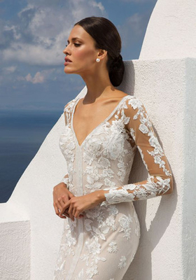 Beach Lace A Line Wedding Dress Appliques Long Sleeves Slit Side Lvory