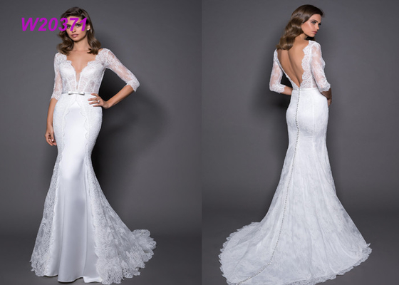 3/4 Sleeve Backless Mermaid Style Wedding Dress Lace And Satin Sheath V Neckline
