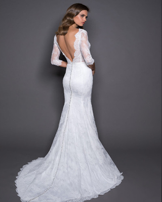 3/4 Sleeve Backless Mermaid Style Wedding Dress Lace And Satin Sheath V Neckline