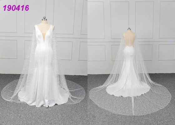 Deep V Straps Female Wedding Dress Gowns , Bridal Satin Dresses With Cape