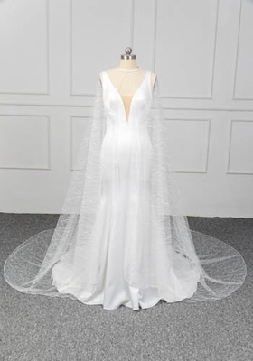 Deep V Straps Female Wedding Dress Gowns , Bridal Satin Dresses With Cape