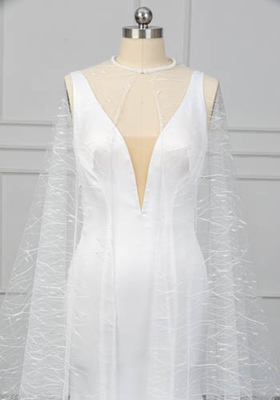 Deep V Straps Female Wedding Dress Gowns , Bridal Satin Dresses With Cape