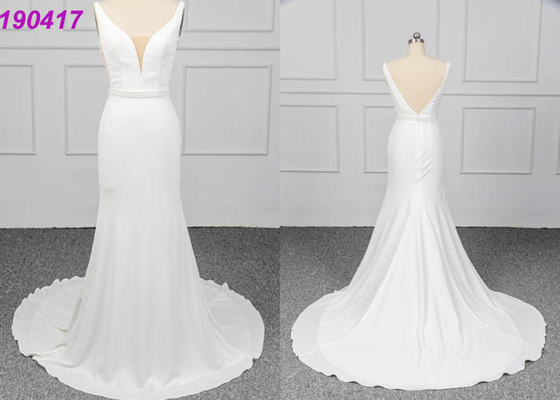 Crepe Cady Micado A Line Gown Sexy Simple White Wedding Dress Beading Belt Decoration