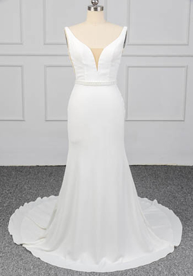 Crepe Cady Micado A Line Gown Sexy Simple White Wedding Dress Beading Belt Decoration