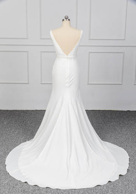 Crepe Cady Micado A Line Gown Sexy Simple White Wedding Dress Beading Belt Decoration