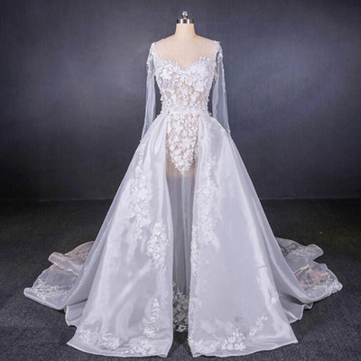 Long Sleeves Transparent Female Wedding Dress With Train Brides Dresses