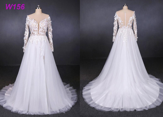 High Fork Small Tail 3d Flowers Tulle Custom Wedding Dress Bride Gowns