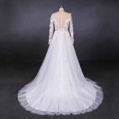 High Fork Small Tail 3d Flowers Tulle Custom Wedding Dress Bride Gowns
