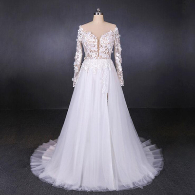 High Fork Small Tail 3d Flowers Tulle Custom Wedding Dress Bride Gowns