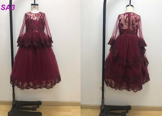 زهرة مستوحاة من النبيذ الاحمر أطفال زهرة فتاة الالبسه مع كم طويل مطرز